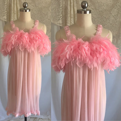 Vintage 1960's Babydoll Nightie | Bubblegum Pink Nylon with Feathered Bodice | Size S - Daggers & Dames
