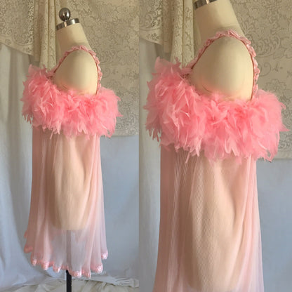 Vintage 1960's Babydoll Nightie | Bubblegum Pink Nylon with Feathered Bodice | Size S - Daggers & Dames