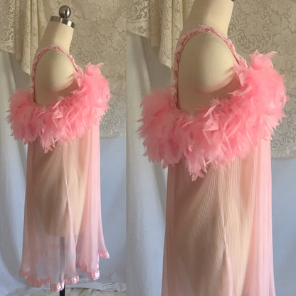 Vintage 1960's Babydoll Nightie | Bubblegum Pink Nylon with Feathered Bodice | Size S - Daggers & Dames