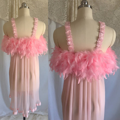 Vintage 1960's Babydoll Nightie | Bubblegum Pink Nylon with Feathered Bodice | Size S - Daggers & Dames