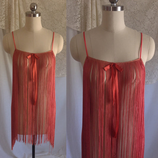 Vintage 1960's Babydoll Nightie | Rusty Red-Orange Tassel Fringe with Nylon Straps | Size XS, S, M - Daggers & Dames