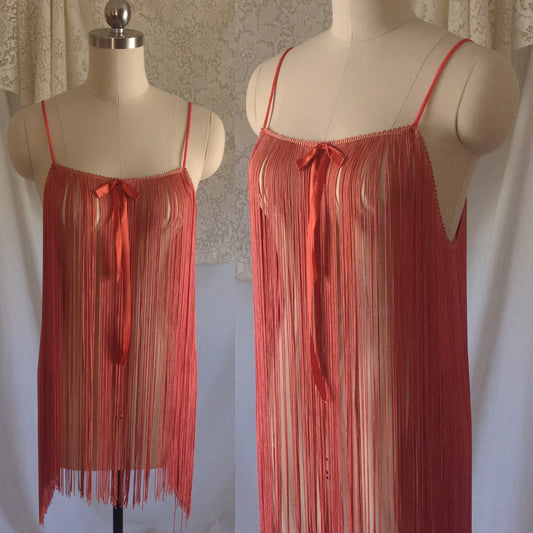 Vintage 1960's Babydoll Nightie | Rusty Red-Orange Tassel Fringe with Nylon Straps | Size XS, S, M - Daggers & Dames