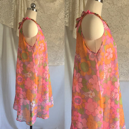 Vintage 1960's Babydoll Nightie | Sheer Cotton with Purple, Pink & Orange Floral Pattern | Size XS, S - Daggers & Dames