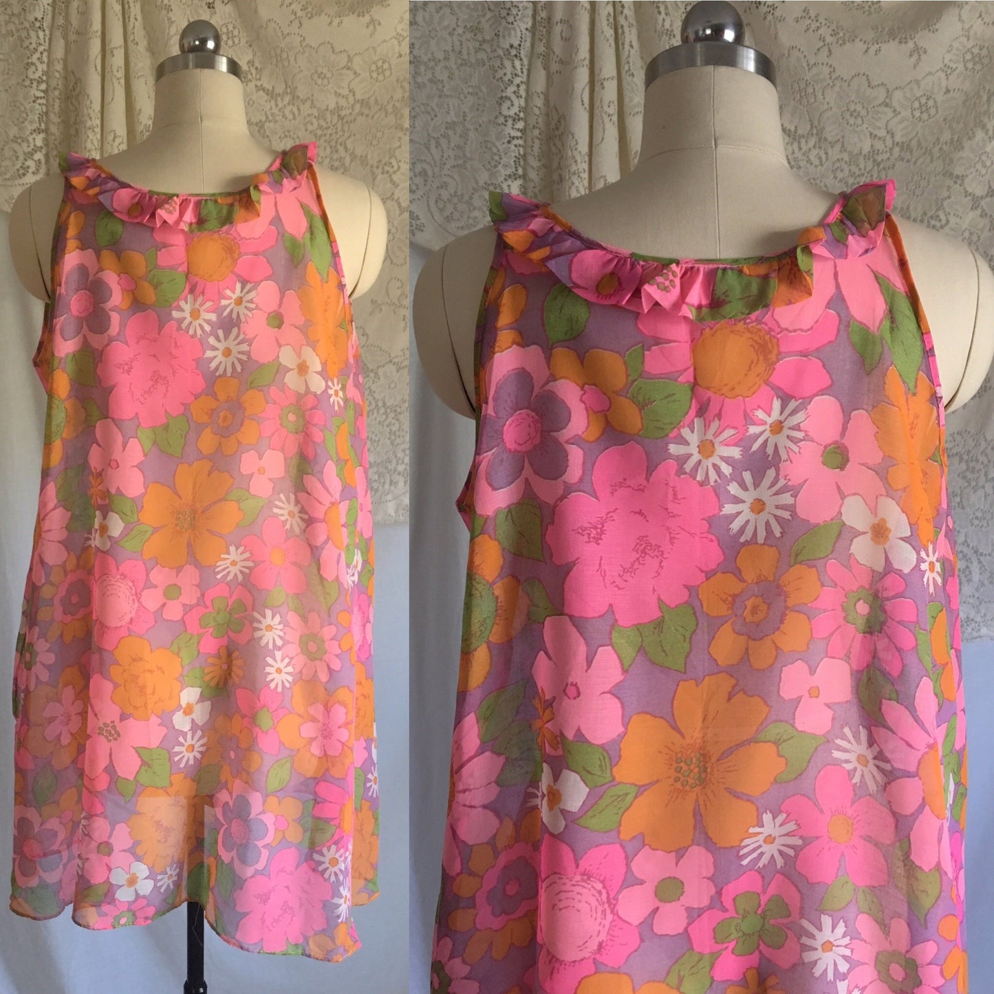 Vintage 1960's Babydoll Nightie | Sheer Cotton with Purple, Pink & Orange Floral Pattern | Size XS, S - Daggers & Dames