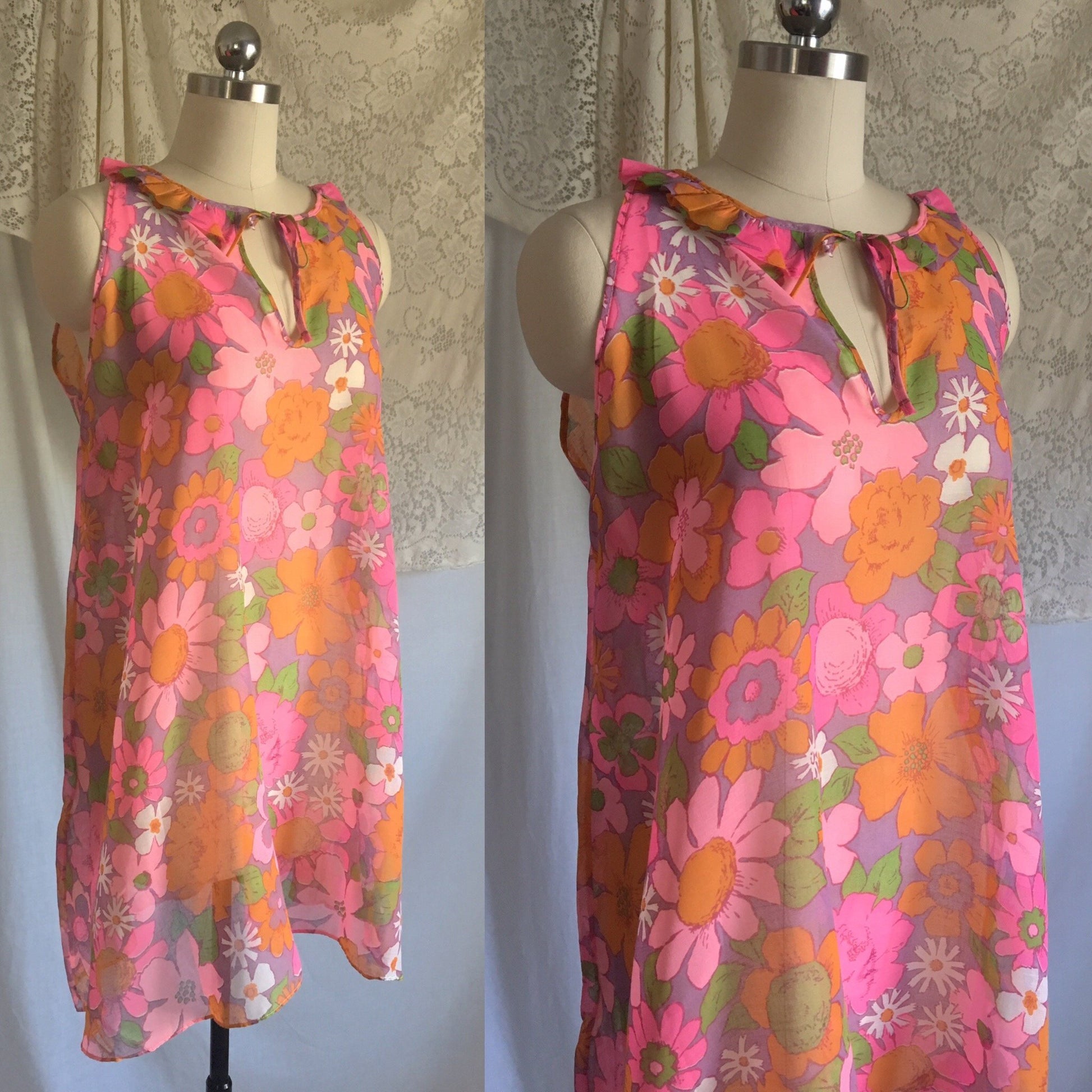 Vintage 1960's Babydoll Nightie | Sheer Cotton with Purple, Pink & Orange Floral Pattern | Size XS, S - Daggers & Dames