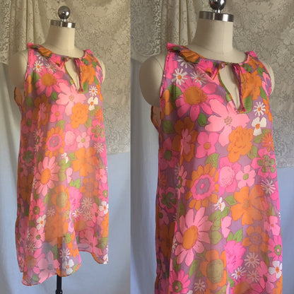 Vintage 1960's Babydoll Nightie | Sheer Cotton with Purple, Pink & Orange Floral Pattern | Size XS, S - Daggers & Dames