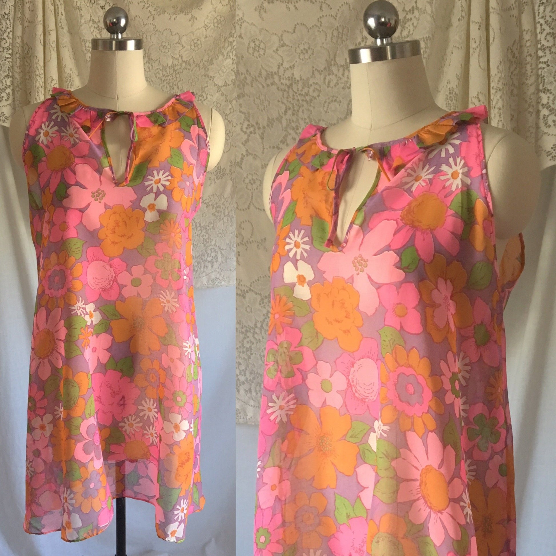 Vintage 1960's Babydoll Nightie | Sheer Cotton with Purple, Pink & Orange Floral Pattern | Size XS, S - Daggers & Dames
