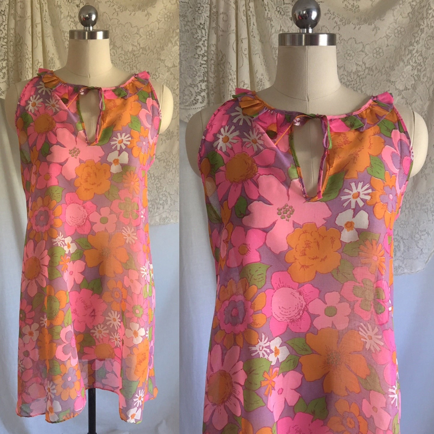 Vintage 1960's Babydoll Nightie | Sheer Cotton with Purple, Pink & Orange Floral Pattern | Size XS, S - Daggers & Dames