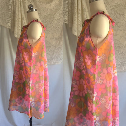 Vintage 1960's Babydoll Nightie | Sheer Cotton with Purple, Pink & Orange Floral Pattern | Size XS, S - Daggers & Dames