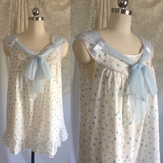 Vintage 1960's Babydoll Nightie | White Cotton with Floral Pattern & Blue Nylon Chiffon Pussy Bow | Size M - Daggers & Dames