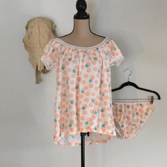 Vintage 1960’s Babydoll Panty Set | Silky White with Orange & Green Nylon | Lace Ruffles Pajama Set | Size M - LG - Daggers & Dames