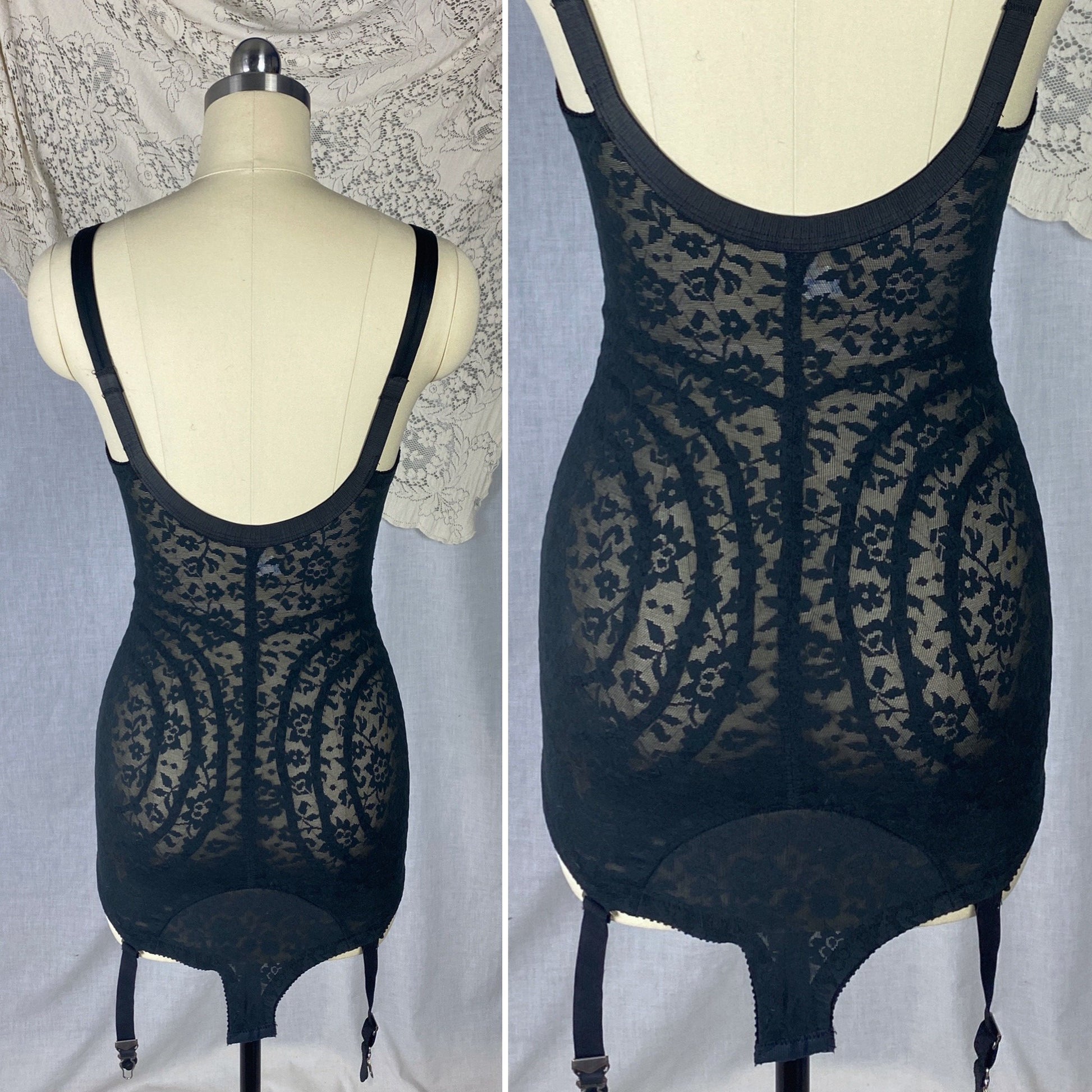 Vintage 1960's Bodysuit | Black Lace Nylon & Spandex with Detachable Garters | Size 34 C, 36 B, 32 D | Rago Shapewear - Daggers & Dames
