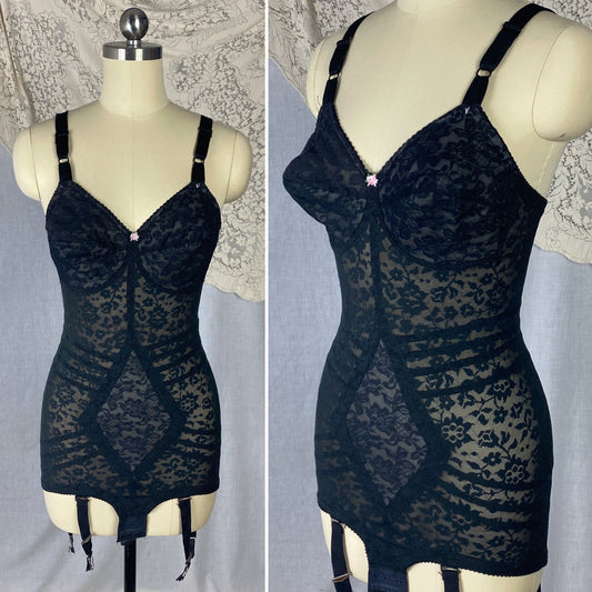 Vintage 1960's Bodysuit | Black Lace Nylon & Spandex with Detachable Garters | Size 34 C, 36 B, 32 D | Rago Shapewear - Daggers & Dames