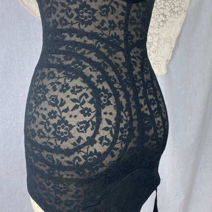 Vintage 1960's Bodysuit | Black Lace Nylon & Spandex with Detachable Garters | Size 34 C, 36 B, 32 D | Rago Shapewear - Daggers & Dames