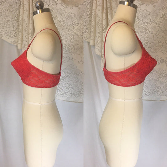 Vintage 1960's Bullet Bra | Cherry Red Nylon Lace with Molded Cups | Lovable -Never Worn | Size 36 B, 34 C - Daggers & Dames