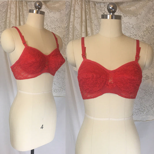 Vintage 1960's Bullet Bra | Cherry Red Nylon Lace with Molded Cups | Lovable -Never Worn | Size 36 B, 34 C - Daggers & Dames