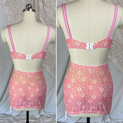 Vintage 1960's Bullet Bra & Girdle Lingerie Set | Bright Pink with floral Print | Size M, 36 B, 38 A - Daggers & Dames