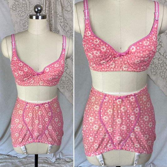 Vintage 1960's Bullet Bra & Girdle Lingerie Set | Bright Pink with floral Print | Size M, 36 B, 38 A - Daggers & Dames