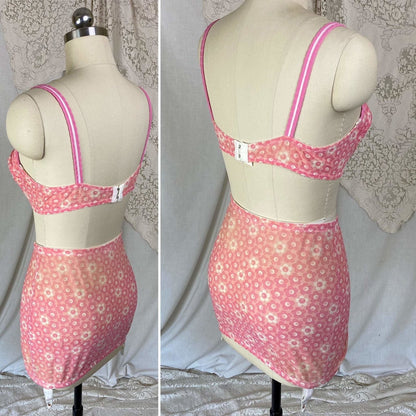 Vintage 1960's Bullet Bra & Girdle Lingerie Set | Bright Pink with floral Print | Size M, 36 B, 38 A - Daggers & Dames