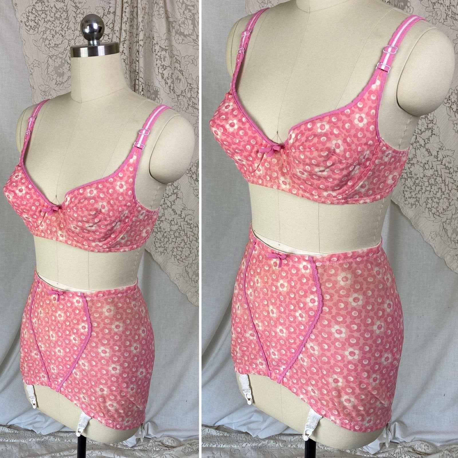 Vintage 1960's Bullet Bra & Girdle Lingerie Set | Bright Pink with floral Print | Size M, 36 B, 38 A - Daggers & Dames