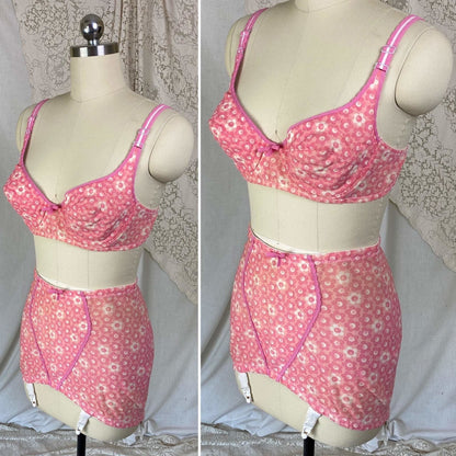 Vintage 1960's Bullet Bra & Girdle Lingerie Set | Bright Pink with floral Print | Size M, 36 B, 38 A - Daggers & Dames