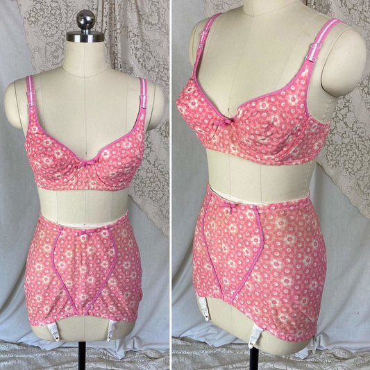 Vintage 1960's Bullet Bra & Girdle Lingerie Set | Bright Pink with floral Print | Size M, 36 B, 38 A - Daggers & Dames