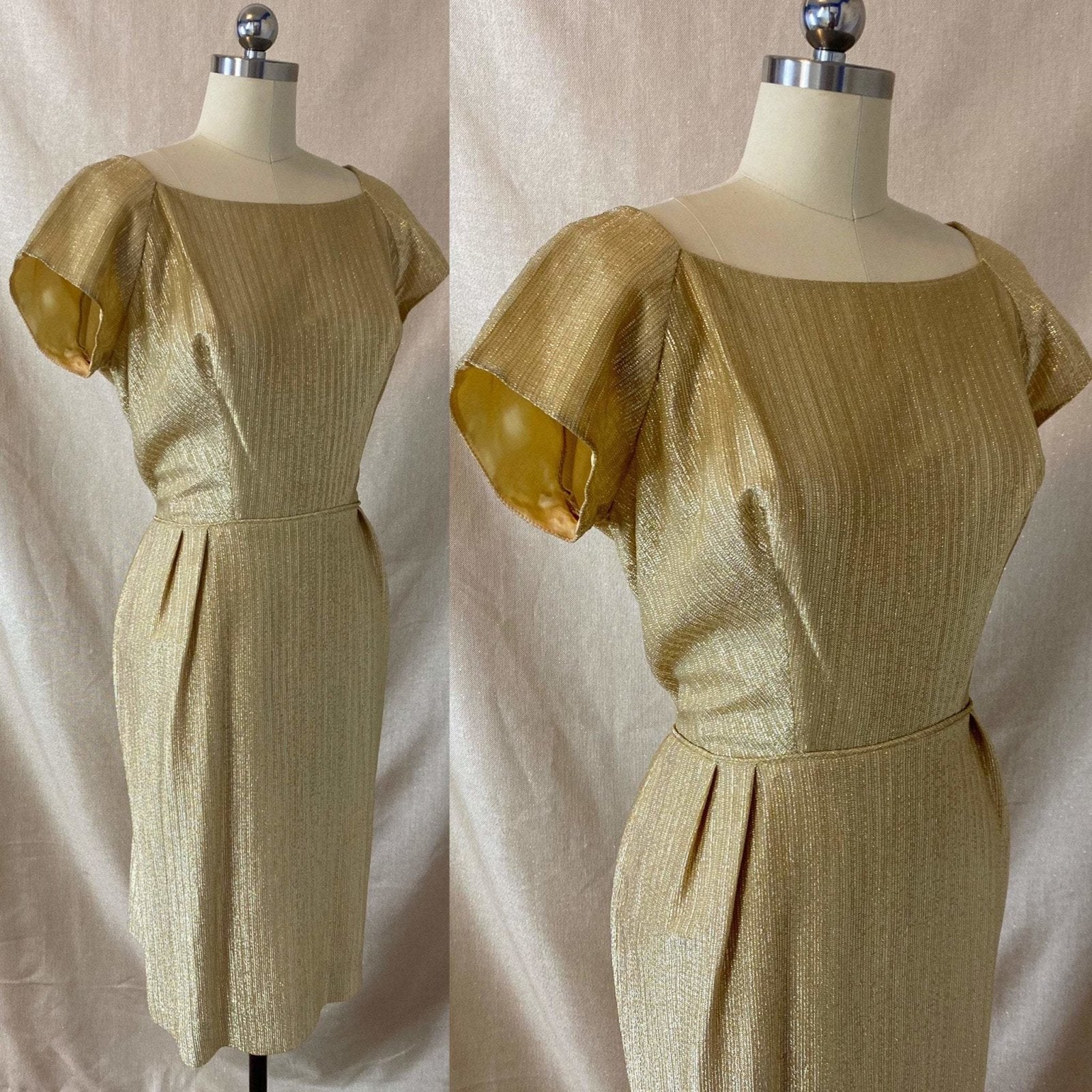 Vintage 1960's Cocktail Wiggle Dress | Diva Gold Lurex Taffeta | Size 38 Bust, M - Daggers & Dames