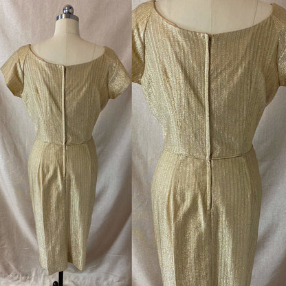 Vintage 1960's Cocktail Wiggle Dress | Diva Gold Lurex Taffeta | Size 38 Bust, M - Daggers & Dames