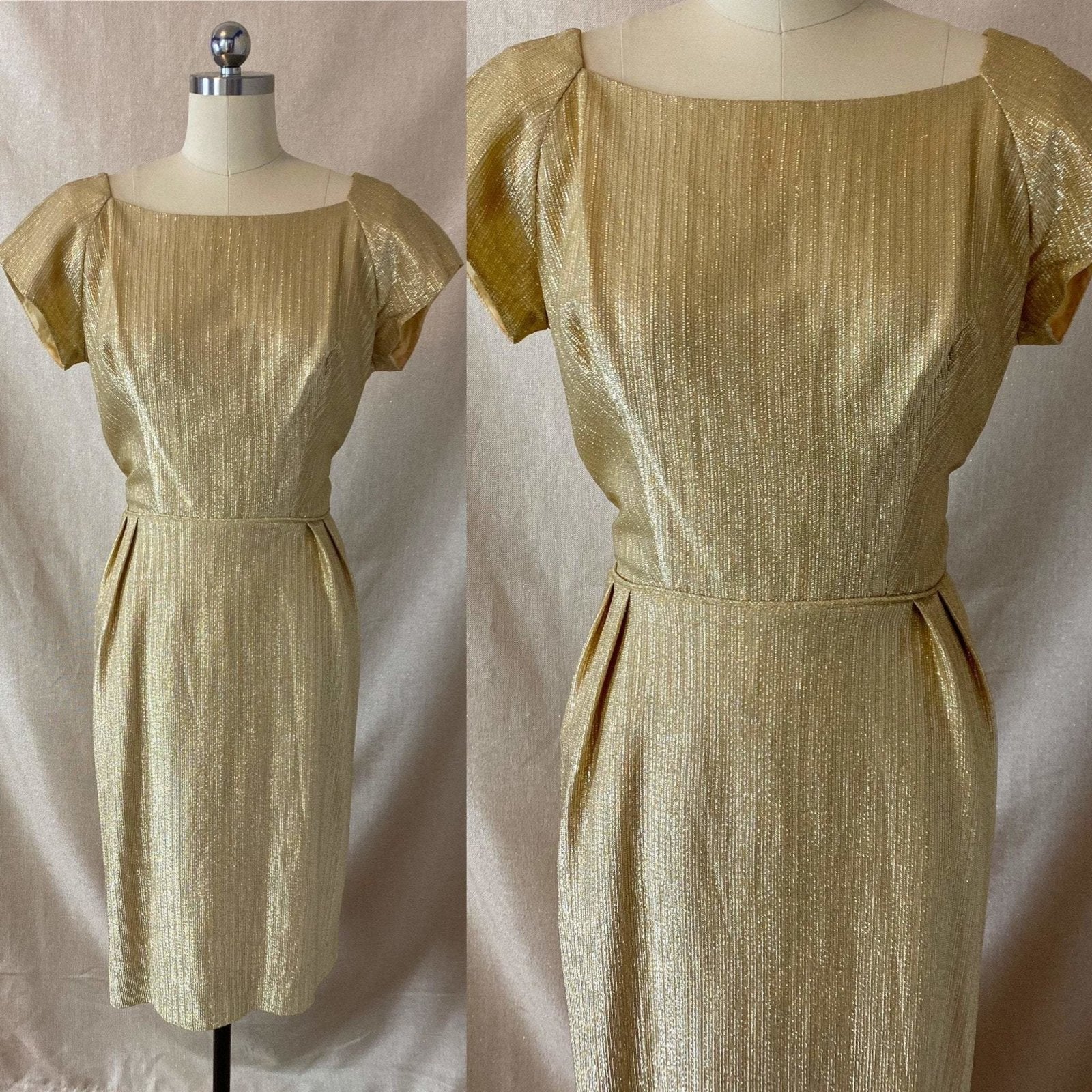 Vintage 1960's Cocktail Wiggle Dress | Diva Gold Lurex Taffeta | Size 38 Bust, M - Daggers & Dames