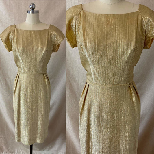 Vintage 1960's Cocktail Wiggle Dress | Diva Gold Lurex Taffeta | Size 38 Bust, M - Daggers & Dames