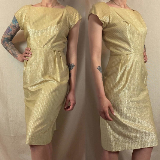 Vintage 1960's Cocktail Wiggle Dress | Diva Gold Lurex Taffeta | Size 38 Bust, M - Daggers & Dames