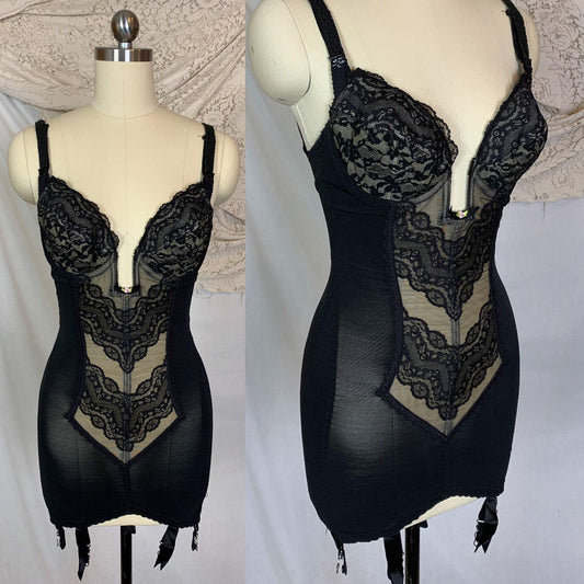 Vintage 1960's Corselette | Black Power Mesh with Nude Inlay under Lace & Deep Plunge Quilted Cup | Lady Marlene | Size 34 C, 36 B - Daggers & Dames