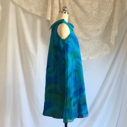 Vintage 1960's Dress | Blue and Green Silk Chiffon with Taffeta | Trapeze Dress | New Old Stock | Size SM - Daggers & Dames