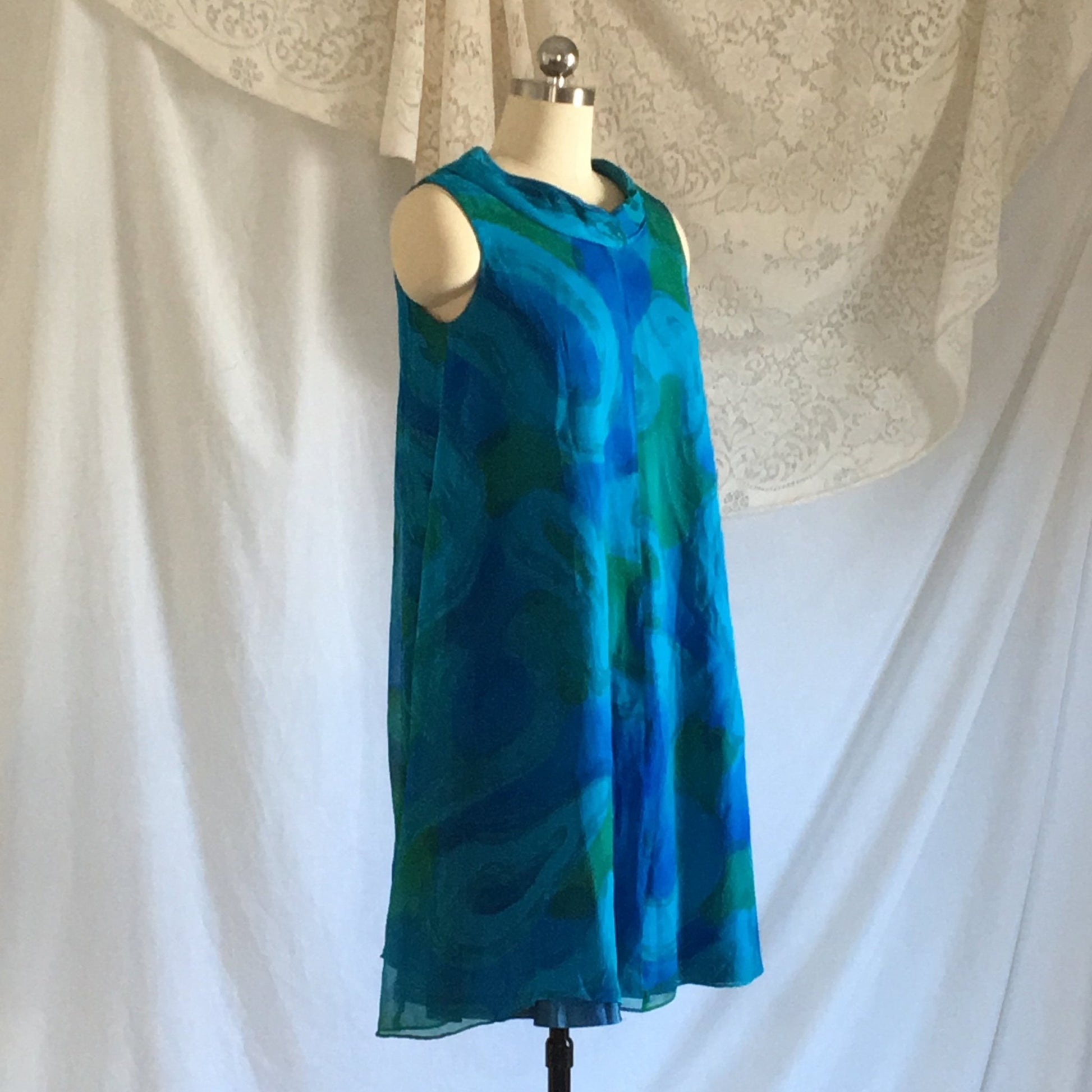 Vintage 1960's Dress | Blue and Green Silk Chiffon with Taffeta | Trapeze Dress | New Old Stock | Size SM - Daggers & Dames