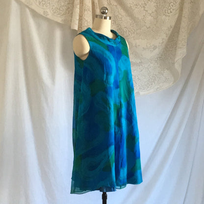 Vintage 1960's Dress | Blue and Green Silk Chiffon with Taffeta | Trapeze Dress | New Old Stock | Size SM - Daggers & Dames
