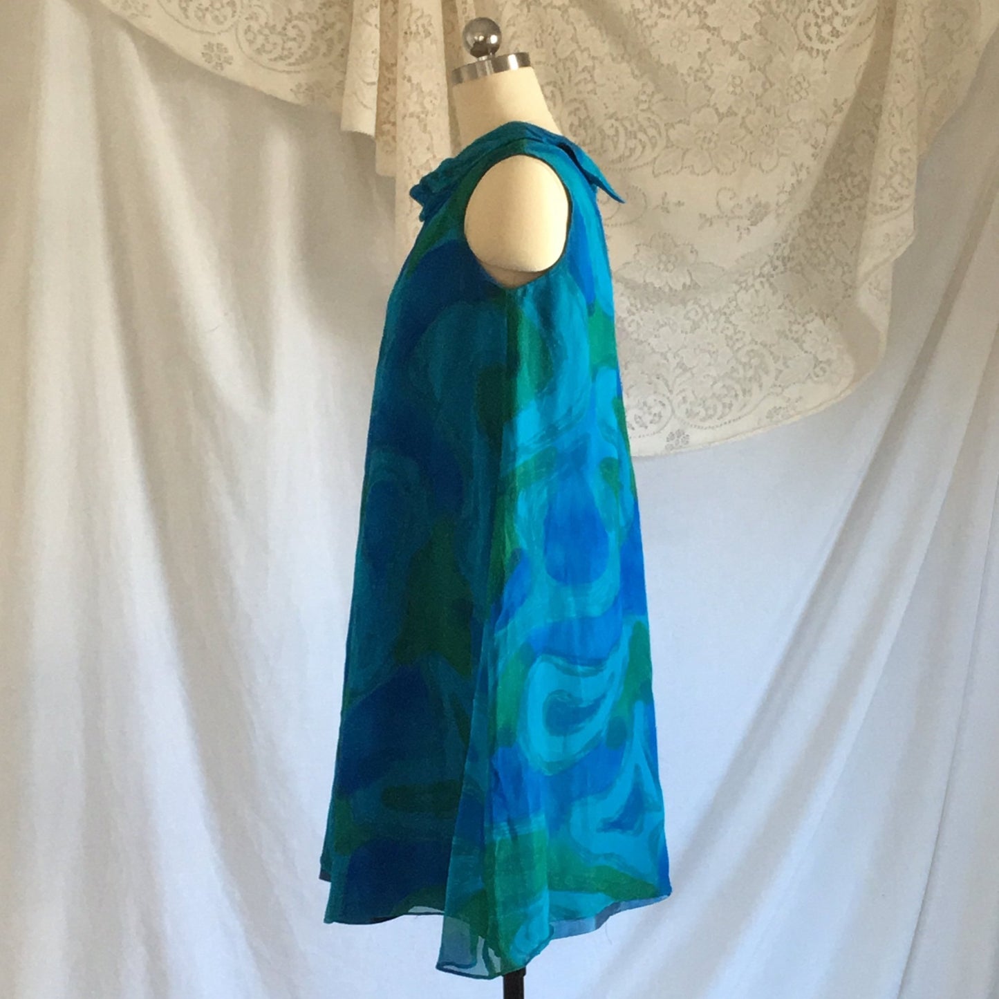 Vintage 1960's Dress | Blue and Green Silk Chiffon with Taffeta | Trapeze Dress | New Old Stock | Size SM - Daggers & Dames