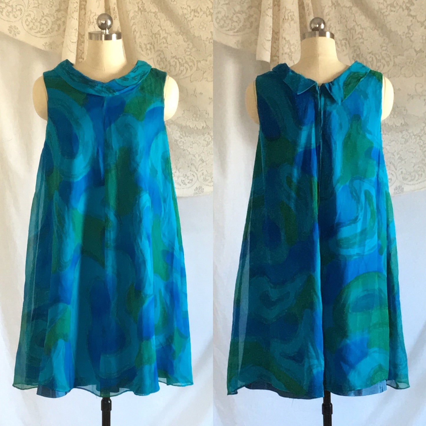 Vintage 1960's Dress | Blue and Green Silk Chiffon with Taffeta | Trapeze Dress | New Old Stock | Size SM - Daggers & Dames