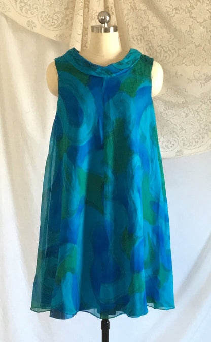 Vintage 1960's Dress | Blue and Green Silk Chiffon with Taffeta | Trapeze Dress | New Old Stock | Size SM - Daggers & Dames