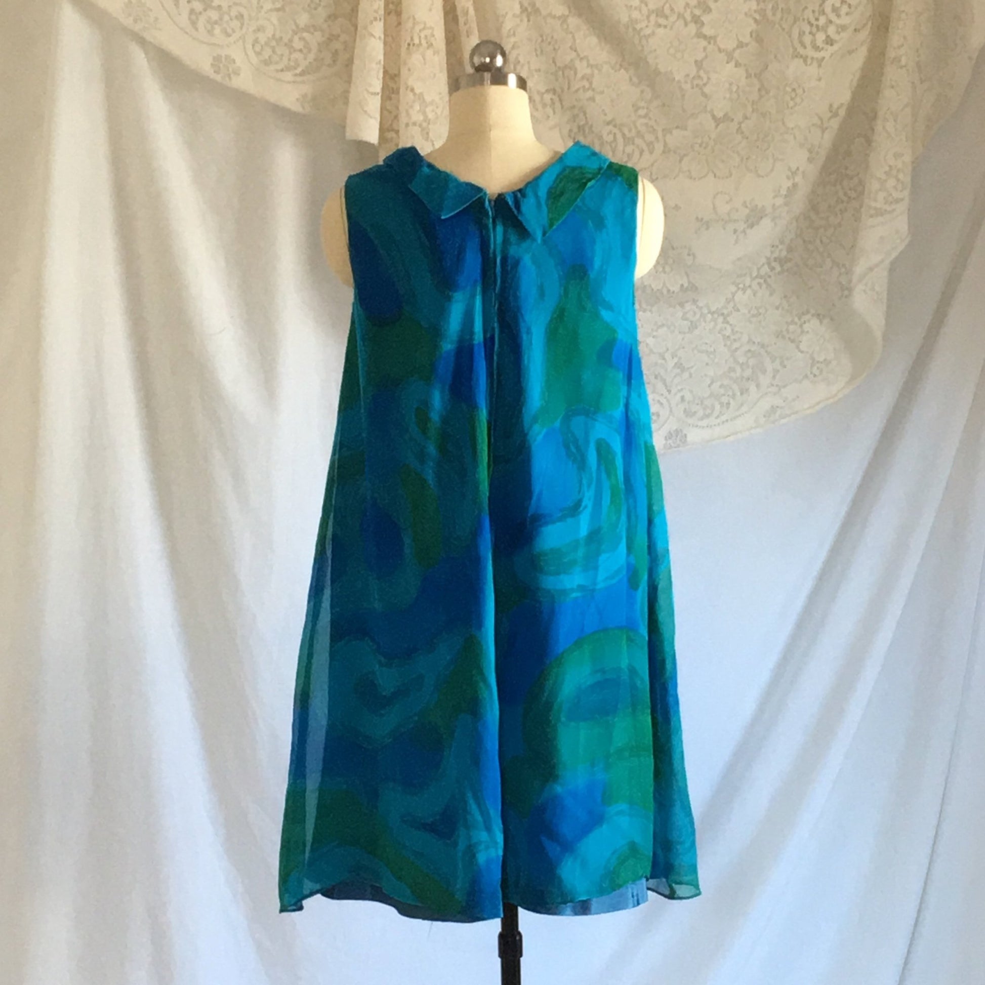Vintage 1960's Dress | Blue and Green Silk Chiffon with Taffeta | Trapeze Dress | New Old Stock | Size SM - Daggers & Dames