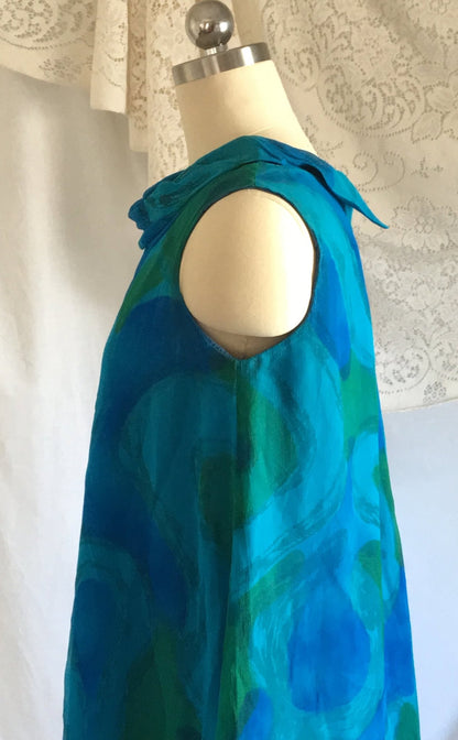 Vintage 1960's Dress | Blue and Green Silk Chiffon with Taffeta | Trapeze Dress | New Old Stock | Size SM - Daggers & Dames