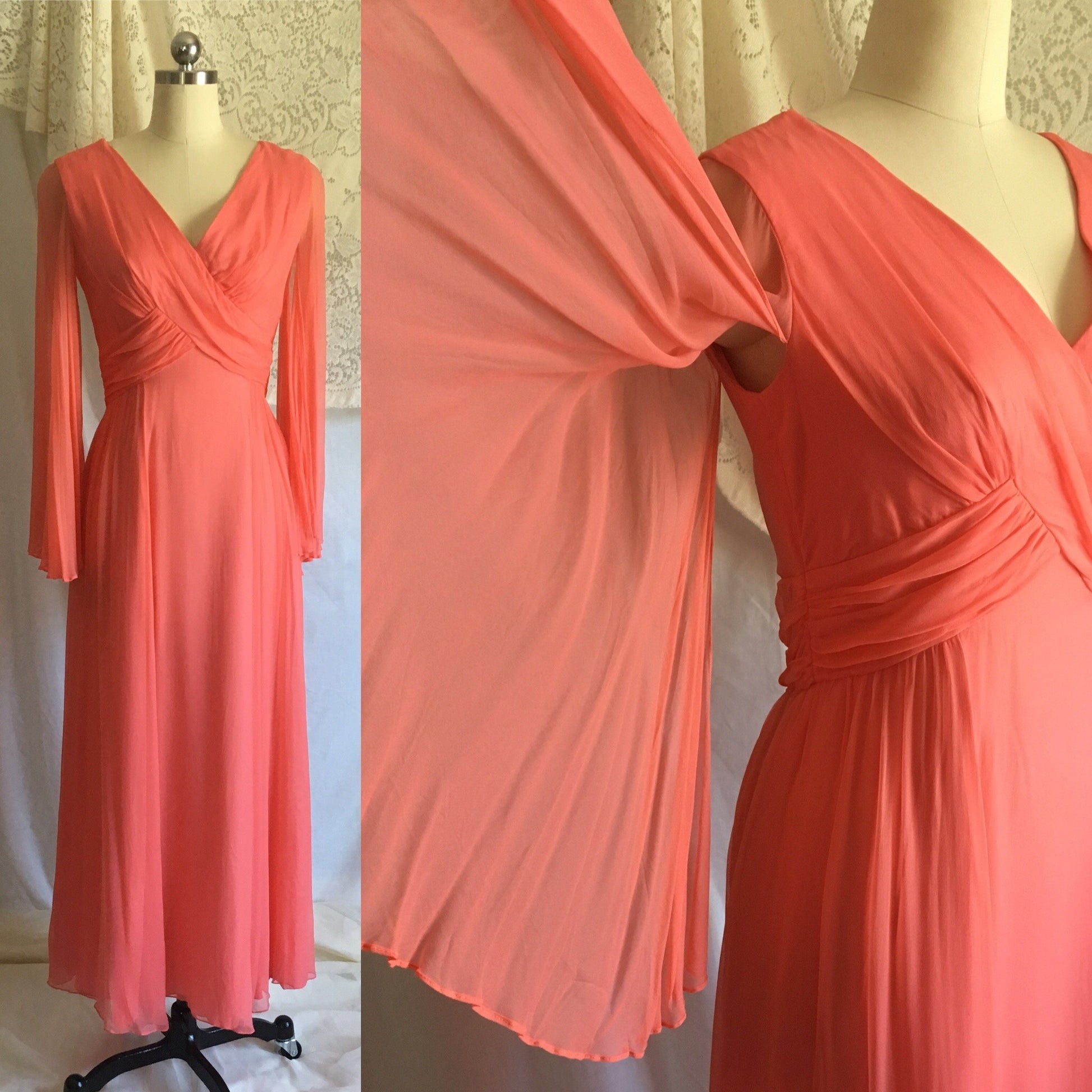 Vintage 1960's Dress | Coral Pink Rayon Chiffon with Angel Sleeves