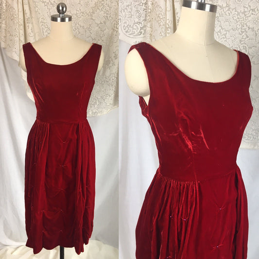 Vintage 1960's Dress | Rich Red Velvet with Ruched Hip & Bead Work | Size XXS - Daggers & Dames