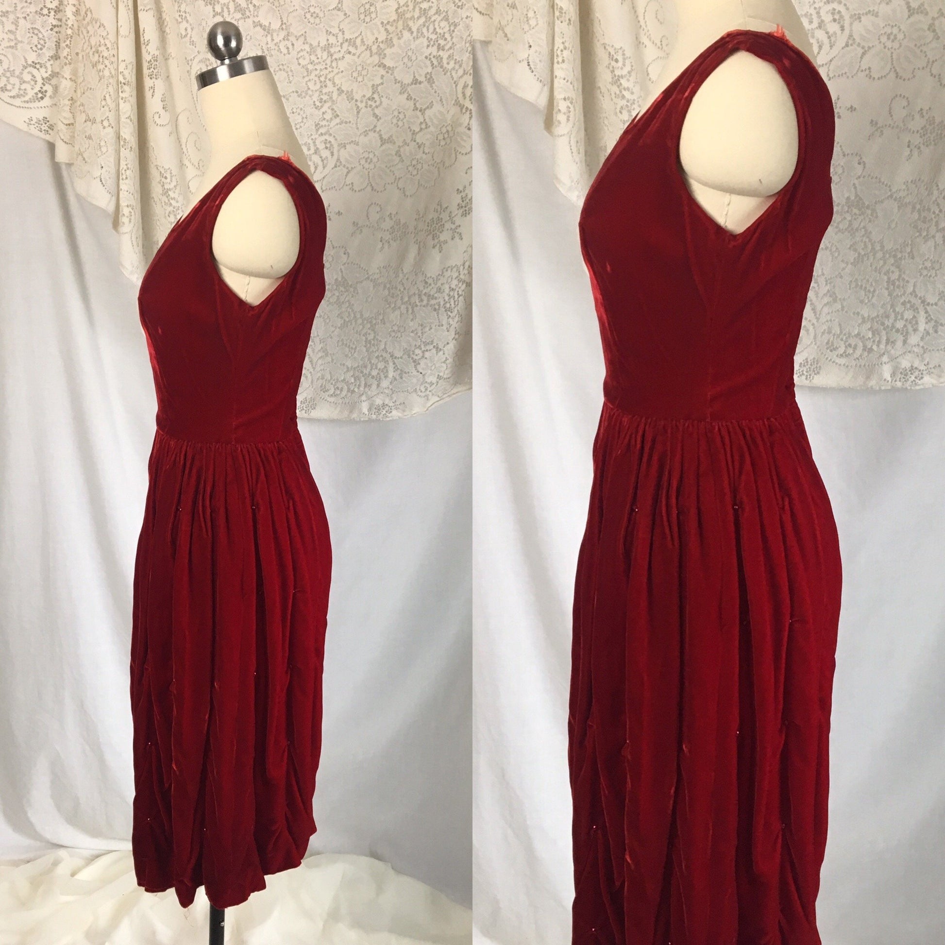 Vintage 1960's Dress | Rich Red Velvet with Ruched Hip & Bead Work | Size XXS - Daggers & Dames