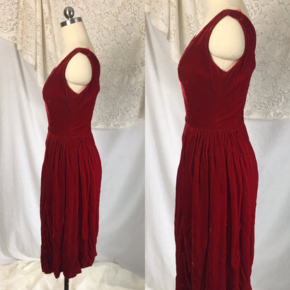 Vintage 1960's Dress | Rich Red Velvet with Ruched Hip & Bead Work | Size XXS - Daggers & Dames