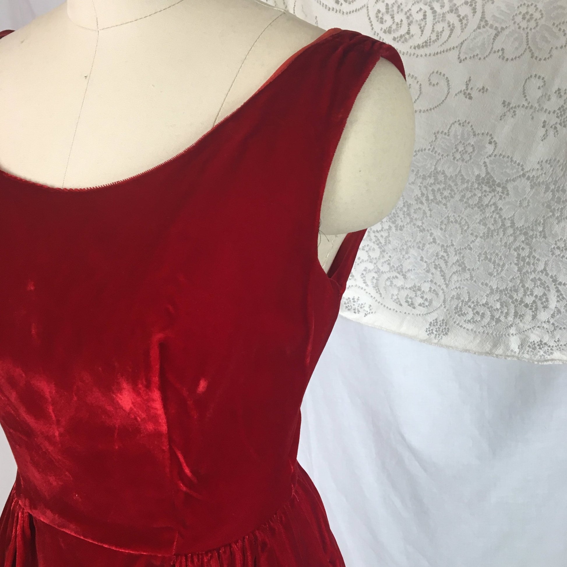 Vintage 1960's Dress | Rich Red Velvet with Ruched Hip & Bead Work | Size XXS - Daggers & Dames