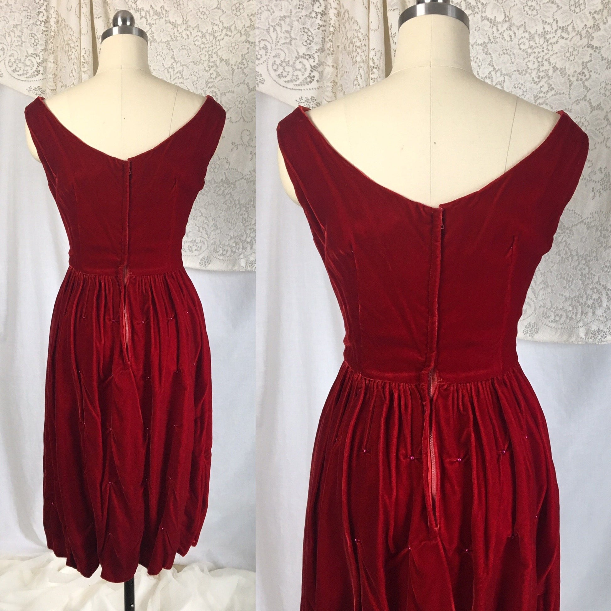 Vintage 1960's Dress | Rich Red Velvet with Ruched Hip & Bead Work | Size XXS - Daggers & Dames