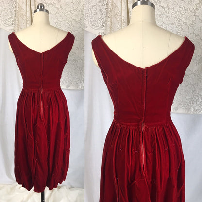 Vintage 1960's Dress | Rich Red Velvet with Ruched Hip & Bead Work | Size XXS - Daggers & Dames