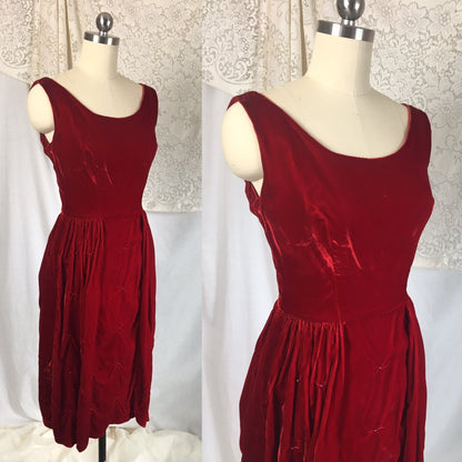 Vintage 1960's Dress | Rich Red Velvet with Ruched Hip & Bead Work | Size XXS - Daggers & Dames