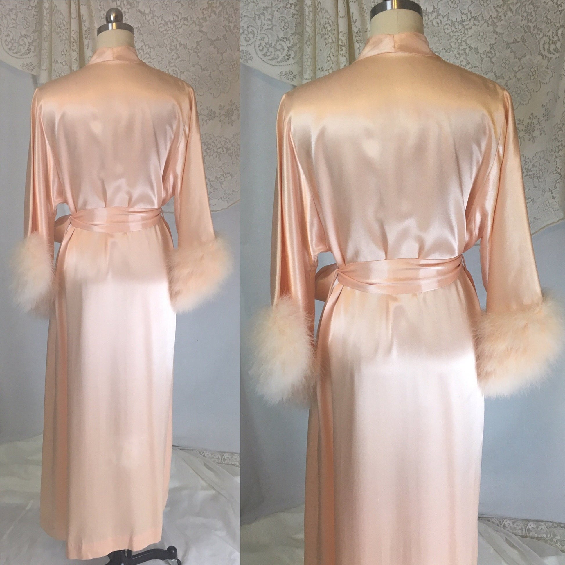 Vintage 1960's Dressing Gown | Pearly Peach Satin with Marabou Sleeves | Size S, MED, LG - Daggers & Dames