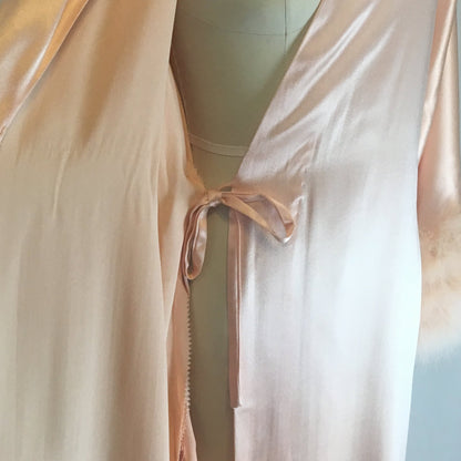 Vintage 1960's Dressing Gown | Pearly Peach Satin with Marabou Sleeves | Size S, MED, LG - Daggers & Dames